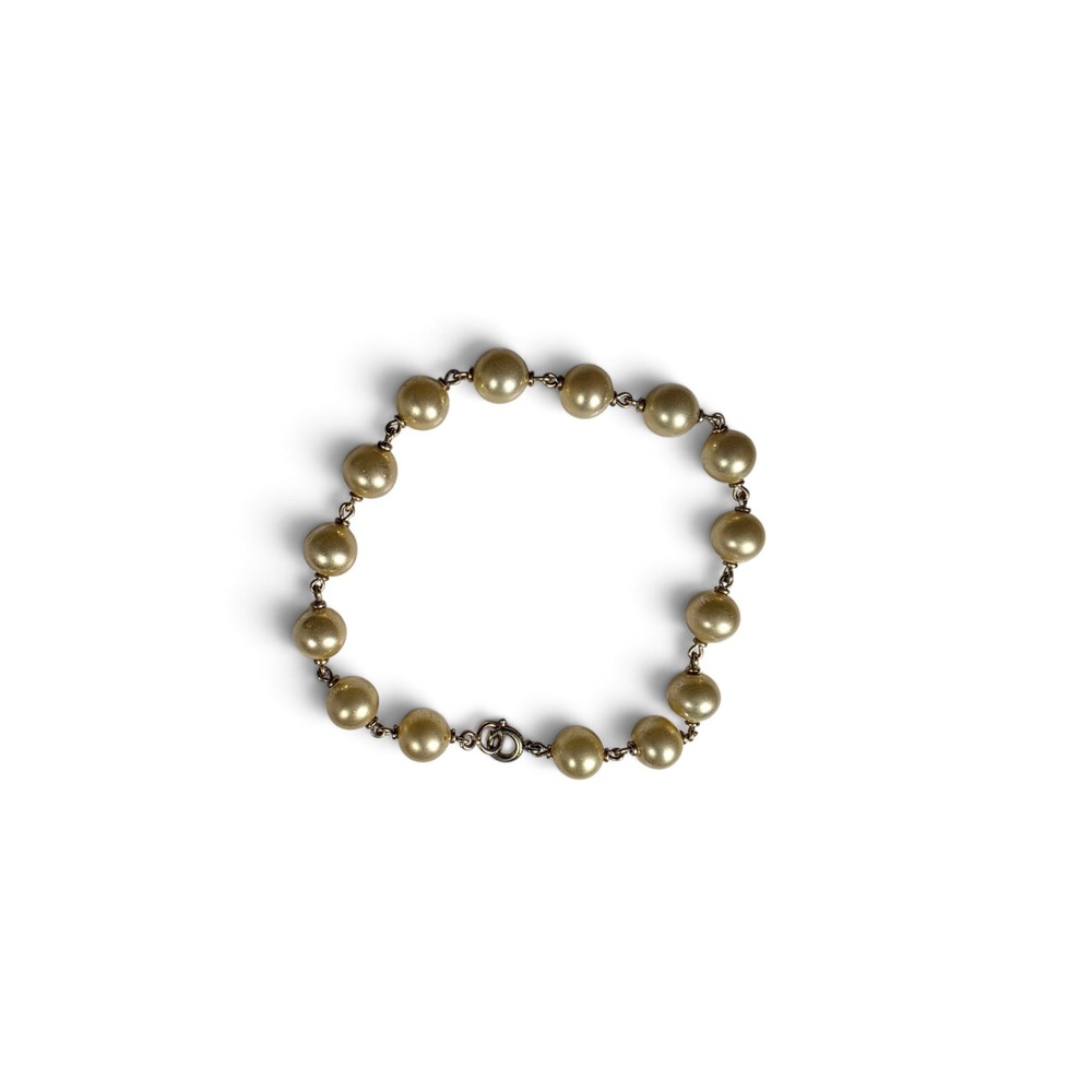 Vintage Gold Tone Champagne Faux Pearl Link Bracelet Round Simulated Pearls 7.5"